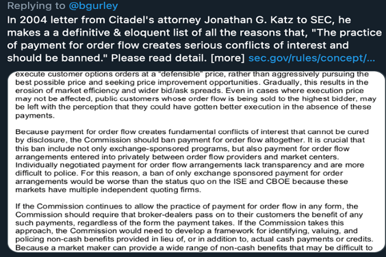 LanceRoberts's tweet image. As pointed out by @dougkass recently, #Citadel made the case to the #SEC in 2004 that #PaymentForOrderFlow should be #illegal. SEC studied it, passed on fixing it, and now #Citadel is a major player. 
realinvestmentadvice.com/payment-for-or…
