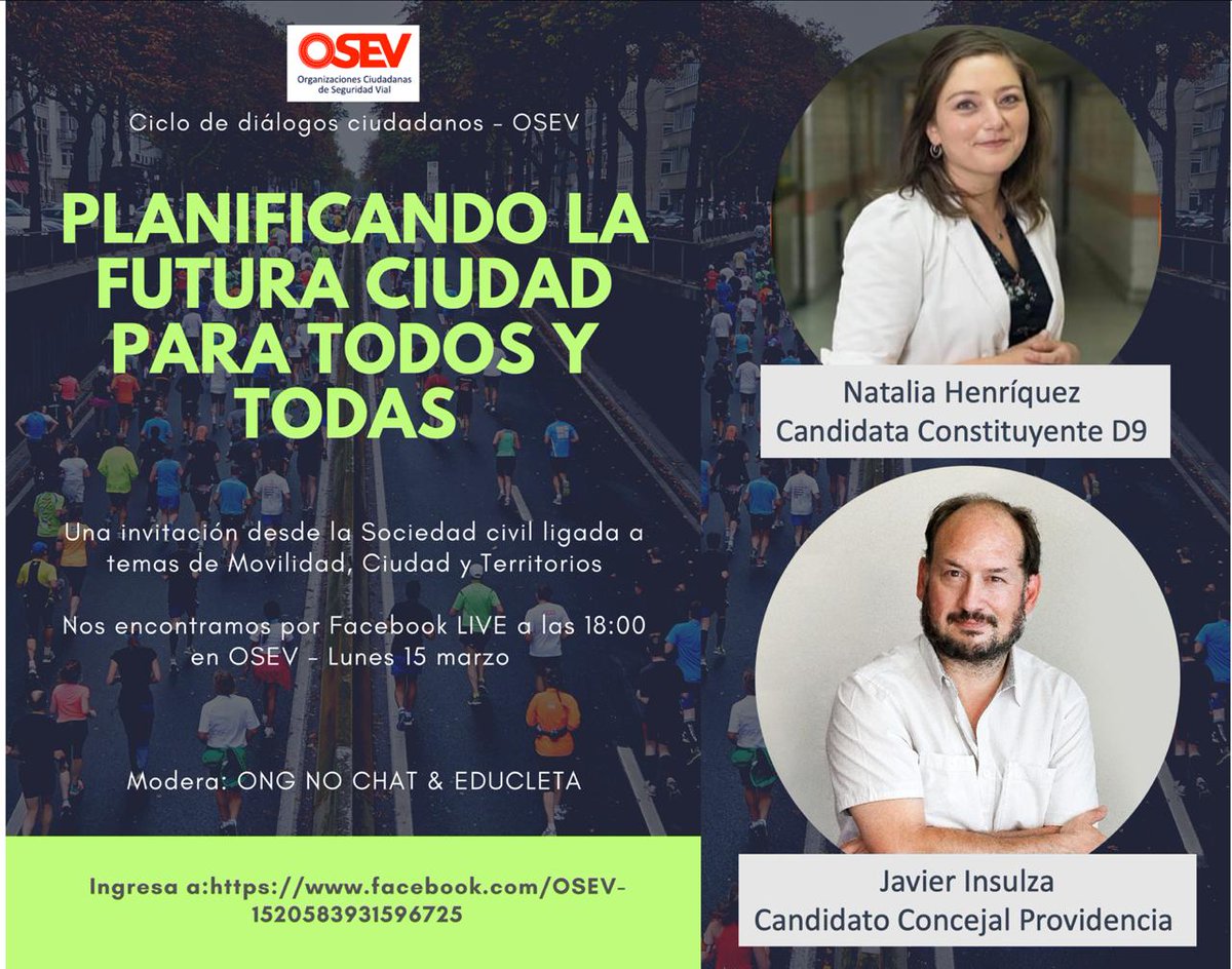 ONGnochat's tweet photo. PLANIFICANDO CIUDAD. A partir de las 18.00 horas, junto a los amigos de @EducletaChile, moderaremos un diálogo ciudadano organizado por OSEV con candidatos a las próximas elecciones, pensando en propuestas de movilidad, ciudad y territorios. Participa: https://t.co/HGcDOjfDRS https://t.co/qGB15gw0WP