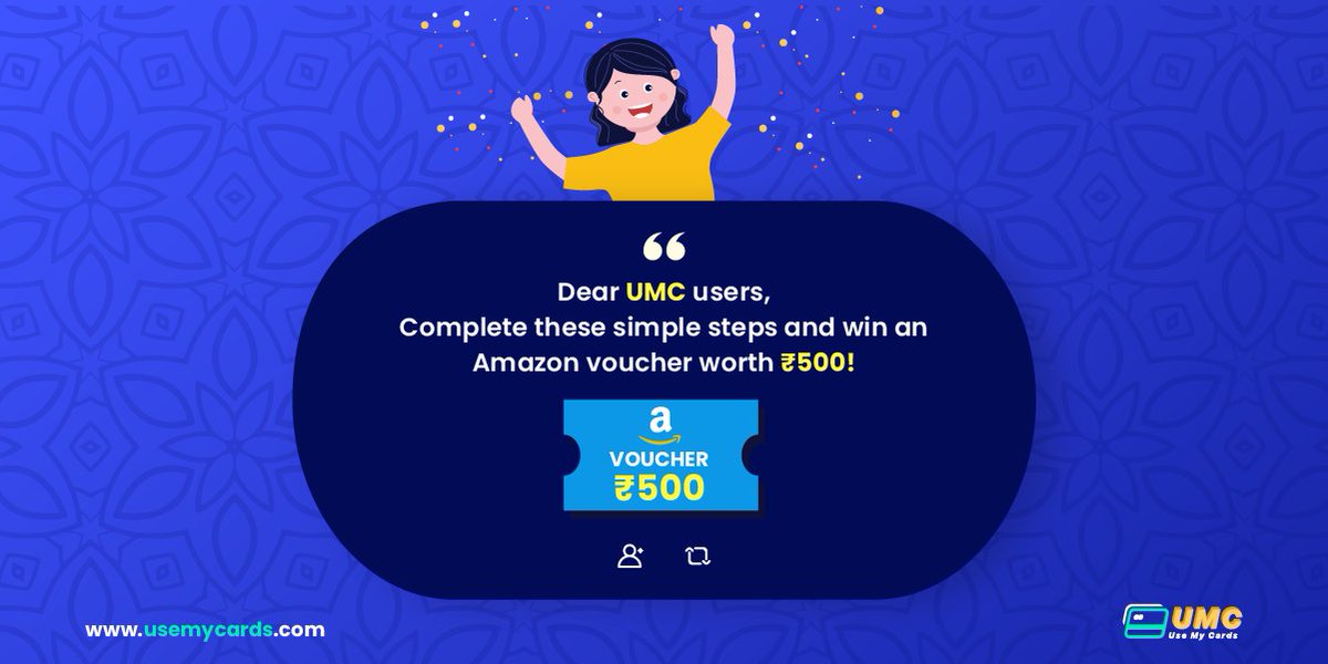 usemycards's tweet photo. Here's a simple task for you to win ₹500 worth Amazon voucher.

Follow the steps and win!
That easy!

Check this out to participate: https://t.co/wt9GZR8NS3

#ContestAlert @Contest_in @Contest_Alert @Giveaway_Plus https://t.co/uNJ2iykaia