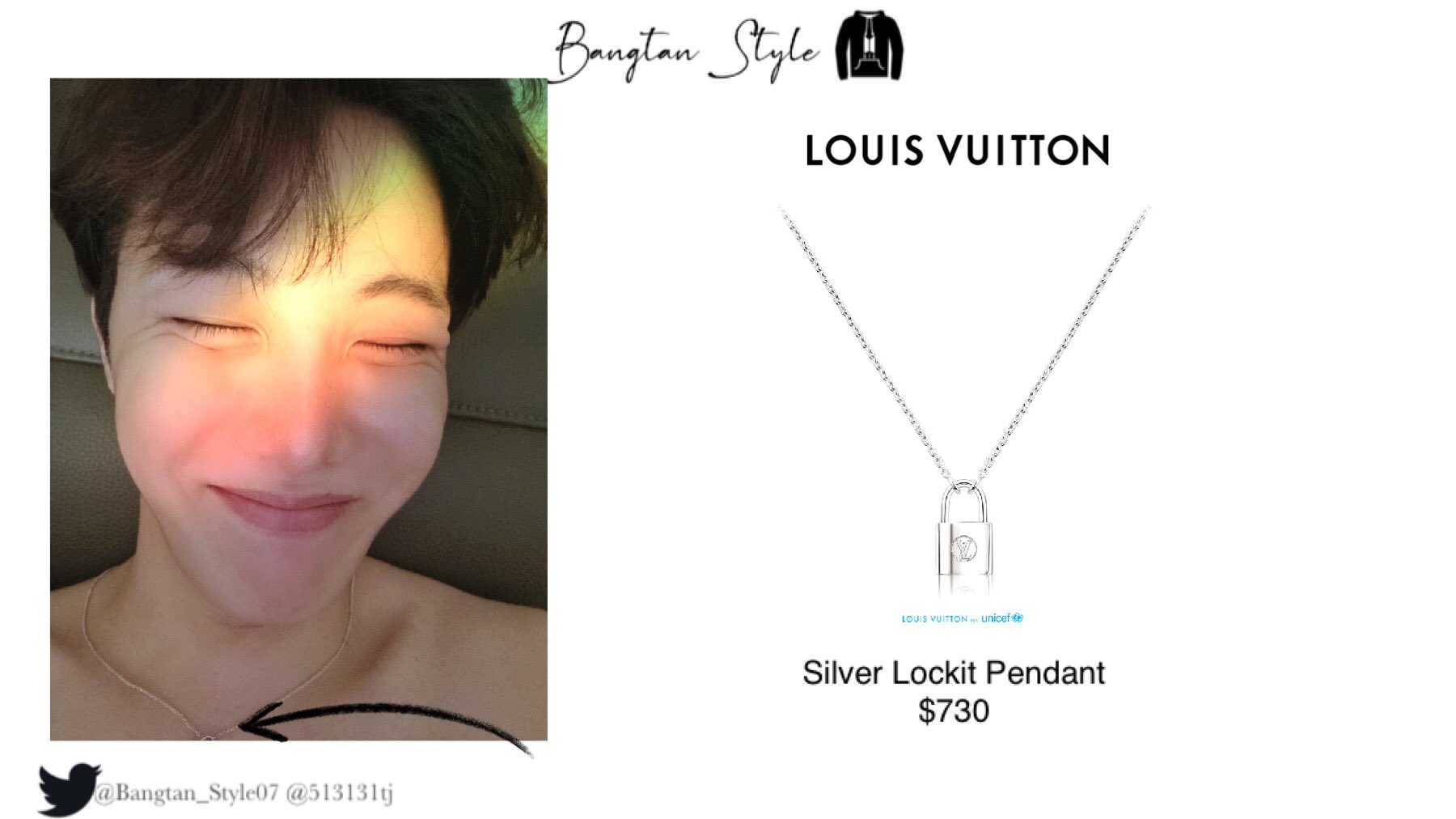 Bangtan Style⁷ (slow) on X: Weverse Post 210813 Hobi wears LOUIS VUITTON  for Unicef Silver Lockit Pendant Necklace ($730). *For each sale of this  Silver Lockit Pendant, $200 is donated to UNICEF