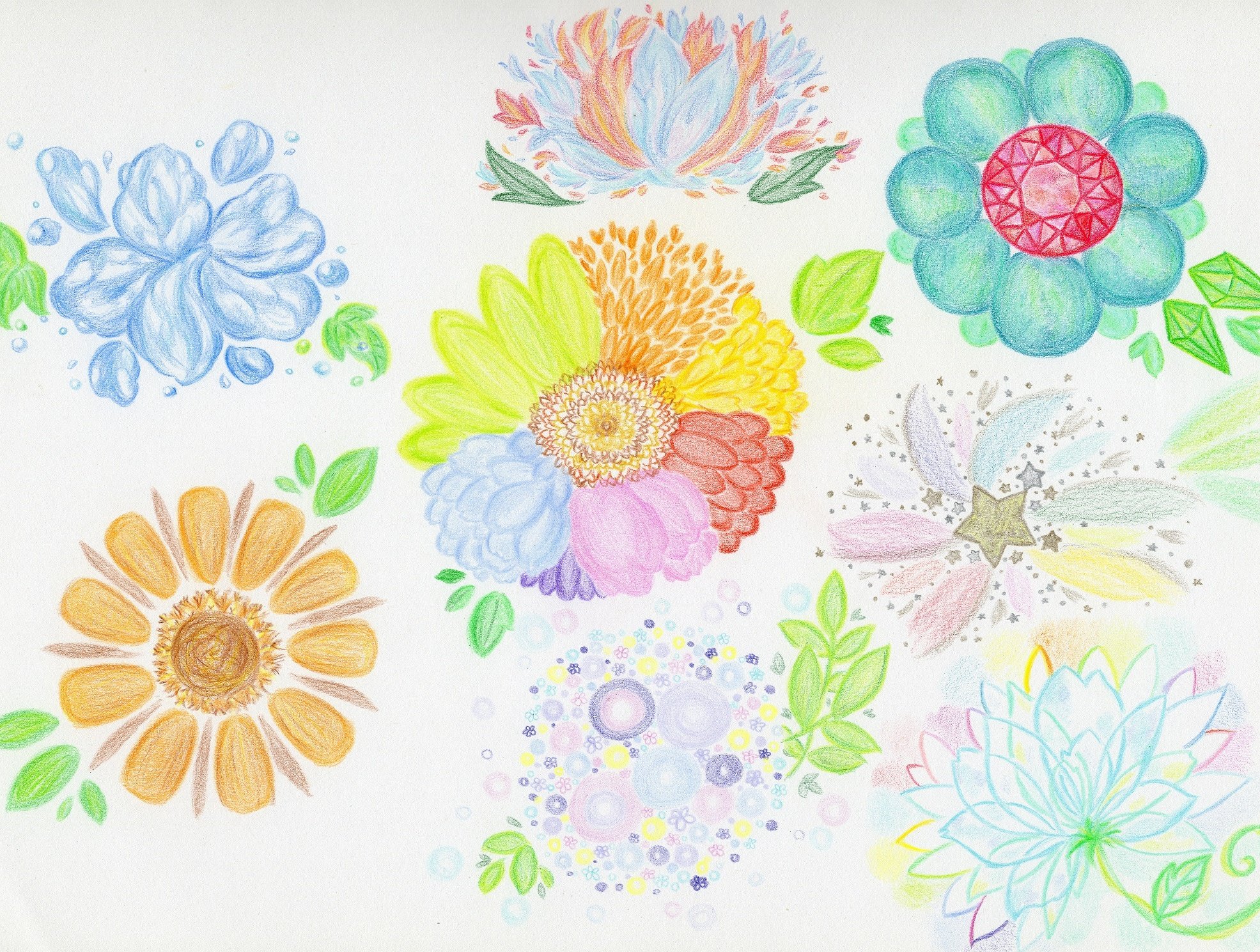 和花葉 今まで描いてきたオリジナルのお花です ８輪咲きました ８輪のうちの半分は案を頂きながら描いたので共同作品です 思い入れがあります 背景を足していこうと思います 色鉛筆 色鉛筆画 花 イラスト お絵描き アナログ オリジナル