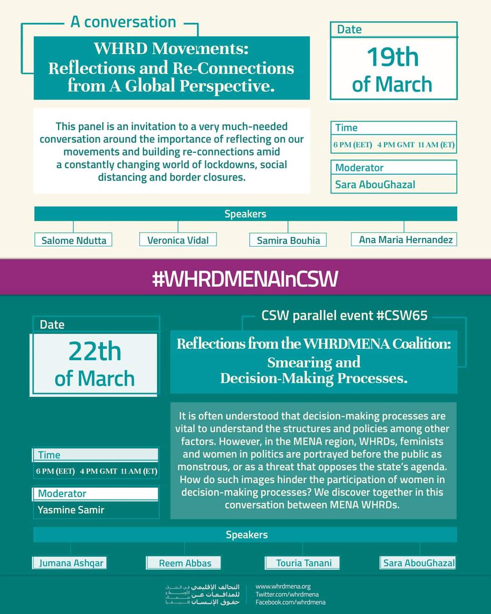 whrdmena's tweet photo. We are pleased to invite you to two events taking place during CSW65 week. In order to attend, please register here and we will send you all the information. Translation will be provided in EN, AR and SP:
https://t.co/t3Yd1Jvprd
@v_vidal @ReemWrites @sabughazal https://t.co/WiFjuXkXUT