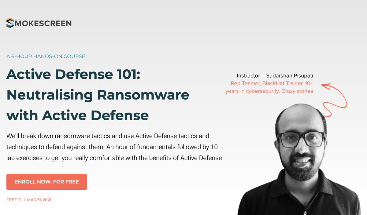 Our new Active Defense course. Taught by <a href="/Sudartion/">Sudarshan</a>. And it's free, for now. Enroll
learn.smokescreen.io/active-defense…