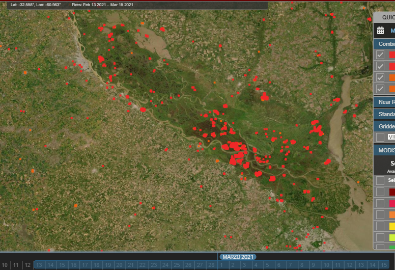 CesarMassi's tweet photo. 14 meses de quemas y siguen prendiendo fuego.
Estos son los últimos 30 días (mitad febrero, mitad marzo) con los focos más grandes ahora mudados al delta inferior. Naturalizamos vivir con humo.
Necesitamos control en el territorio y #LeyDeHumedalesYa https://t.co/dVordTIlxl