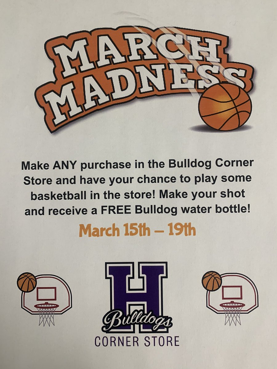 StoreBulldog's tweet photo. It’s March Madness in @StoreBulldog all week!  With any purchase, students and staff can play some basketball in the store!  Make the shot and WIN a Bulldog water bottle! #hcsdlearns https://t.co/BARvhlJvX0