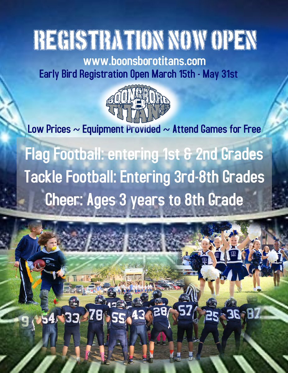 BoonsboroTitans's tweet photo. The excitement is hard to contain this morning! Registration is open! We will see you on the field. #boonsborotitans
https://t.co/ihgoTidTov https://t.co/OYRWacTQaa