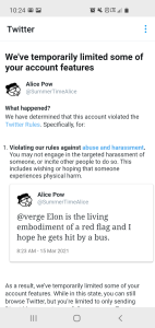 AlicePow8's tweet photo. My @SummerTimeAlice account got a 12 hour suspension rip. lmao this is incredible. https://t.co/cDSwY4tULW