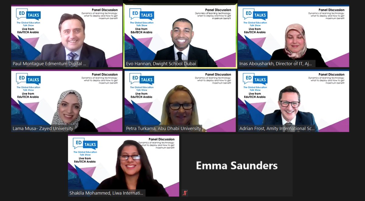 EvoHannan's tweet photo. Awesome time hosting the first #EdTalksLive session of 2021 from @EduTechArabia today discussing technology, culture, leadership and data. Congrats to the Purple Team for winning the Quiz! ๐
Thanks to everyone who tuned in. Will have a replay on the YouTube channel soon! https://t.co/OVTzI5Ef7M