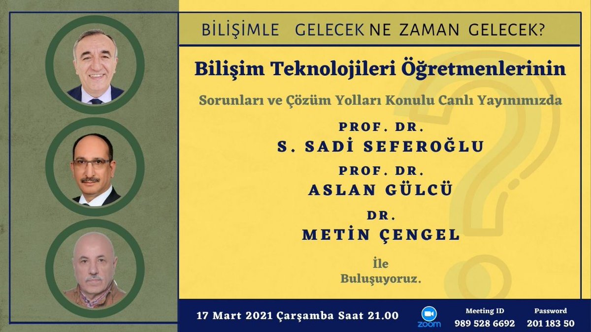 Çarşamba günü saat 21.00 de Bilişim Öğretmenleri sorunları ve çözüm yolları üzerine yapılacak zoom etkinliğine katılımınızı bekleriz. 
<a href="/SadiSeferoglu/">S. Sadi SEFEROGLU</a> @aslangulcu <a href="/metcen/">Dr. Metin Çengel</a> <a href="/burcuyilmaz_bte/">Burcu Yılmaz</a>
<a href="/btoplatformu/">Bilişim Öğretmenleri</a>