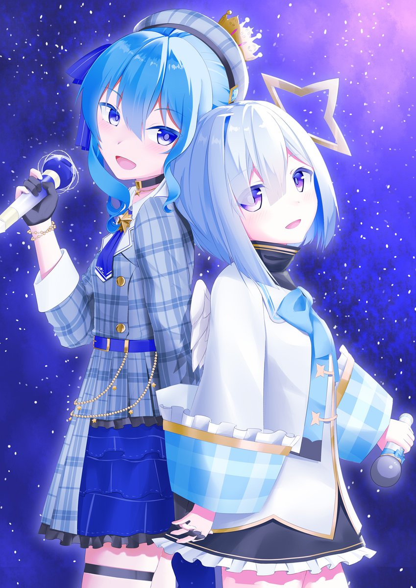 amane kanata ,hoshimachi suisei multiple girls 2girls blue hair halo microphone blue eyes purple eyes  illustration images