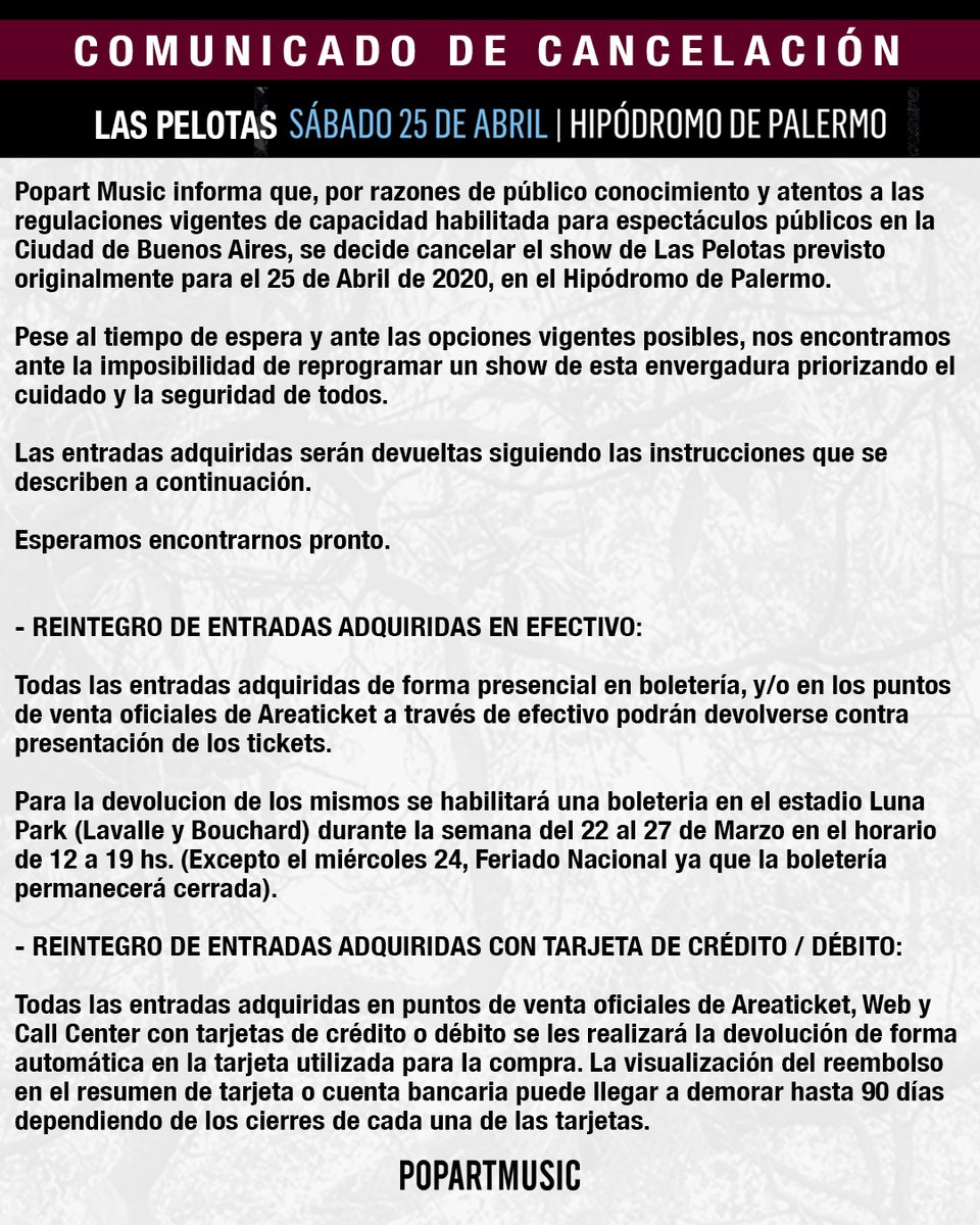 .<a href="/popartmusicarg/">PopArt Music Arg</a> informa que por razones de público conocimiento y atentos a las  regulaciones vigentes  de capacidad habilitada para espectáculos públicos en CABA, se decide cancelar el show de Las Pelotas previsto originalmente para el 25/Abr/2020, en el Hipódromo de Palermo
👇
