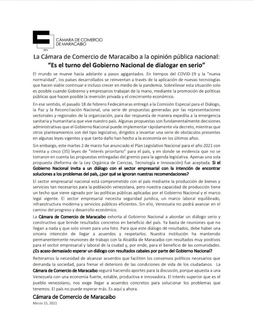camaramaracaibo's tweet photo. #ComunicadoCCM La Cámara de Comercio de Maracaibo a la opinión pública nacional: “Es el turno del Gobierno Nacional de dialogar en serio” https://t.co/9LfI4jeTGW