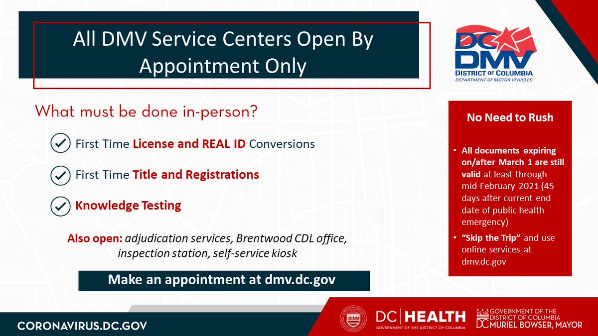 dcdmv's tweet photo. DYK: More than 55 DC DMV services can be completed online at https://t.co/gh6nBSu43s? #SkiptheTrip. If you need an in-person service, you must make an appointment at https://t.co/szGbOYeGWN. https://t.co/sc2mYZUluW