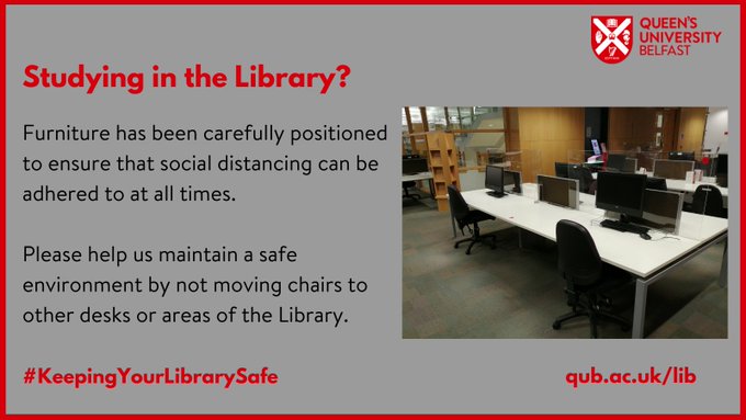 QUBLibrary's tweet photo. Please remember that furniture has been carefully positioned to ensure that social distancing is observed throughout the building. Help us maintain a safe environment by not moving it. 

#KeepingYourLibrarySafe https://t.co/kd7Yg7MjEJ