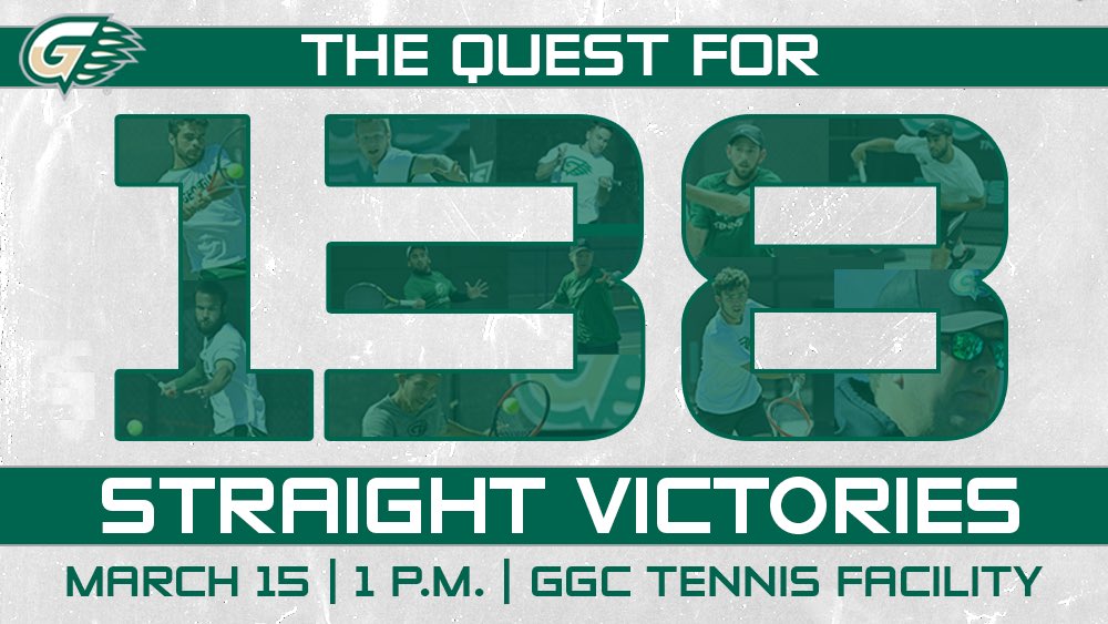 GGCAthletics's tweet photo. 𝗧𝗵𝗲 𝗤𝘂𝗲𝘀𝘁 𝗳𝗼𝗿 1️⃣3️⃣8️⃣.

Today at 1pm, GGC Men’s Tennis has an opportunity to break the all-time win streak record in collegiate sports history, as they face-off against The University of the Cumberlands at the GGC Tennis Facility. 

🎟𝗔𝗗𝗠𝗜𝗦𝗦𝗜𝗢𝗡 𝗜𝗦 𝗙𝗥𝗘𝗘 https://t.co/72vTe1NzV5