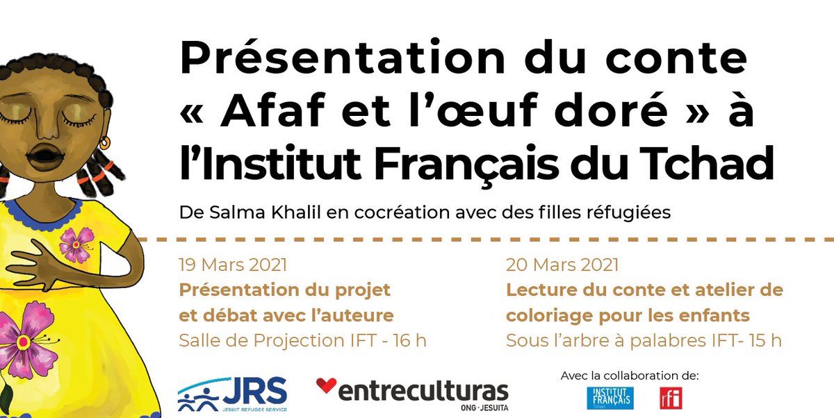 Ces vendredi 19 et samedi 20 vous êtes tous invités à accompagner Afaf dans la recherche de l’œuf doré. 

Présentation du conte "Afaf et l'oeuf doré" et #lecture-coloriage pour les #enfants avec <a href="/SalyVal58/">Salma Khalil</a> à l'<a href="/if_tchad/">IF Tchad</a>.

<a href="/if_tchad_mediat/">Médiathèque de l'IFT 🇹🇩🇨🇵</a> <a href="/RFI/">RFI</a> <a href="/Entreculturas/">Entreculturas</a> ⭐️#LaLUZdelasNIÑAS