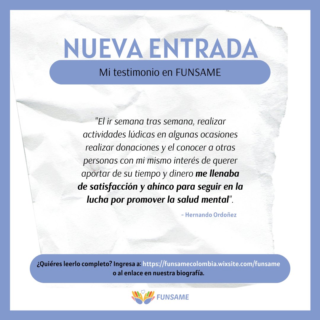 funsamecolombia's tweet photo. ¡Es día de NUEVA ENTRADA al blog! Nuestra tercera entrada habla un poco acerca de la experiencia de uno de nuestros voluntarios en la lucha por la salud mental👐🏽
.
.
Si te gustó la frase... te gustará toda la entrada. https://t.co/WySQhfV8fF https://t.co/fIOQySErDA