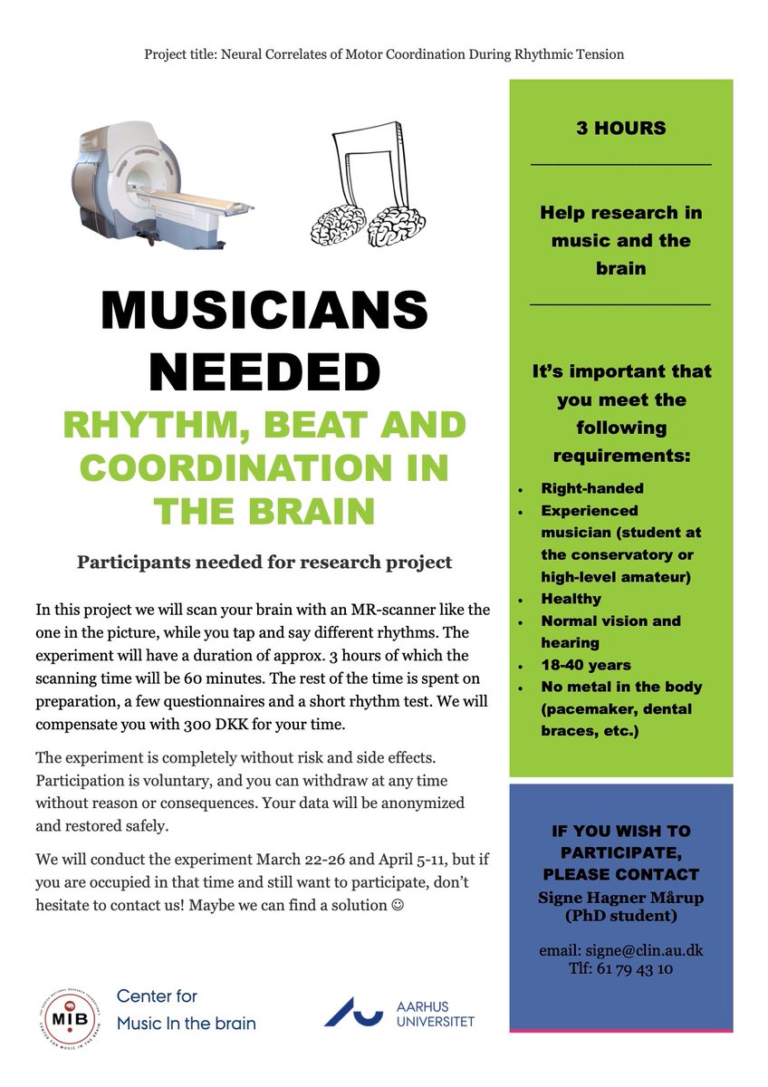 musicbrainAU's tweet photo. Our PhD fellow @SigneHagner is looking for musicians for her exciting fMRI project on rhythm, beat and coordination in the brain. Check out the pictures for more details! https://t.co/EOYuxalkT9
