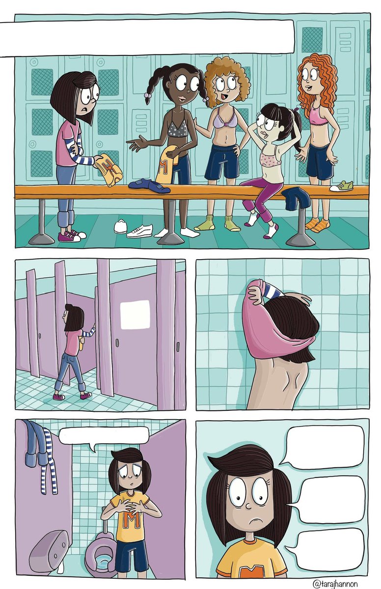 I have so many awkward memories from the middle school locker room. 🥴 Remember when everyone started wearing bras?! 

#illustration #illustrationartists #illustrator #graphicnovel #graphicnovelart