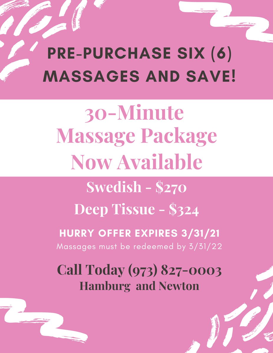 AdvancedMedWell's tweet photo. 💆‍♀️💆‍♂️Too busy for a 60-minute massage?  Why not purchase a 6-pack of 30-minute massages and SAVE! 

#Massage #Granowellness #HamburgNJ #NewtonNJ #SussexCountyNJ https://t.co/XxCHs7C7dD
