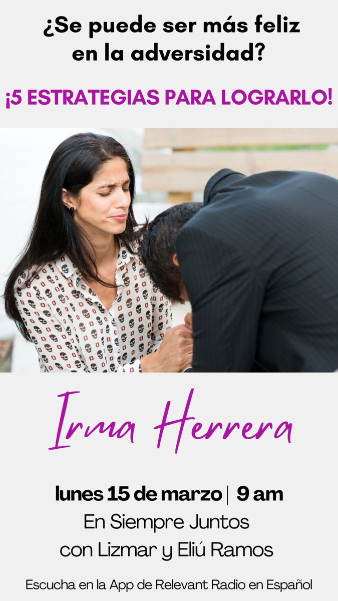 irma_herrera6's tweet photo. Descubre cuál es la clave #1 para ser feliz! En @RelevantRadioES con @lp1069 y @EliuRO, te espero!@irma_herrera6 https://t.co/O5Hf3yhwb2