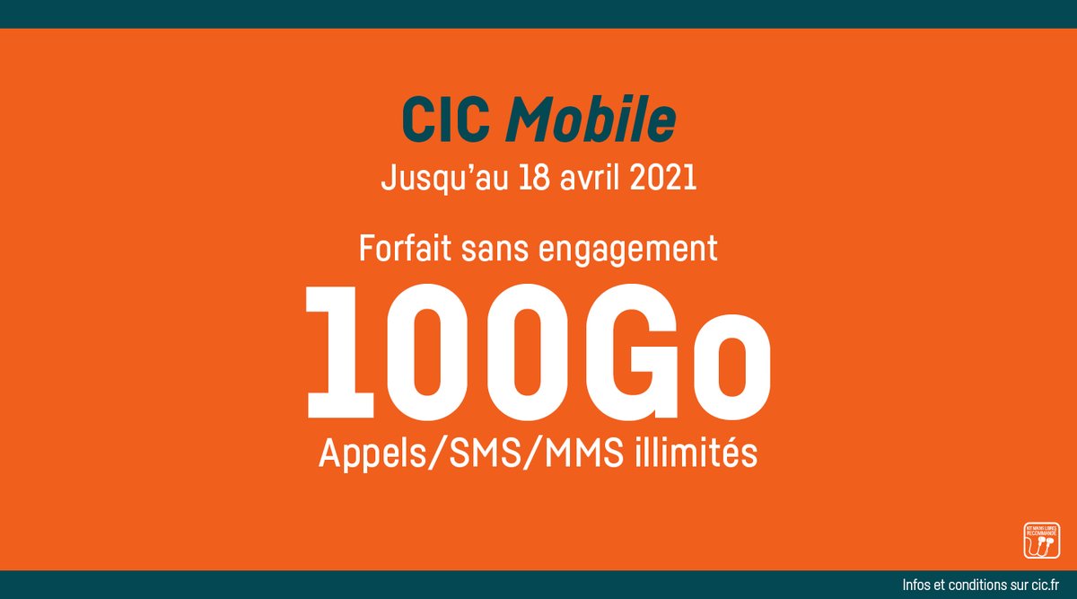 cic's tweet photo. 📱 Jusqu’au 18 avril 2021, découvrez notre forfait #CICMobile100Go à 9,99€/mois sans engagement !
Pour en savoir plus et bénéficier de l'offre, rendez-vous vite dans l'agence CIC la plus proche ou sur https://t.co/D4pQWtVrSX https://t.co/mZWNKBtQwd