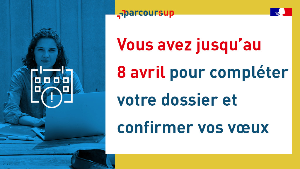 parcoursup_info's tweet photo. 👩‍💻👨‍💻 Dernière étape pour finaliser votre candidature #Parcoursup : vous avez jusqu'au 8 avril (23h59 heure de Paris) pour compléter votre dossier et confirmer vos vœux. 

💡 Toutes les informations utiles sont disponibles dans notre FAQ : https://t.co/H26SL7fHot https://t.co/SxkiFm7fuJ