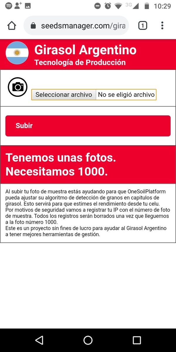 Ayudanos a desarrollar un estimador de rendimiento para girasol, basado en análisis de fotos.

Necesitamos 1000 fotos para enseñarle al algoritmo de <a href="/onesoilplatform/">OneSoil</a>. <a href="/joacolascombes/">Joaquín Lascombes 🇦🇷</a>

Te paso esta url para subir la foto: seedsmanager.com/girasol