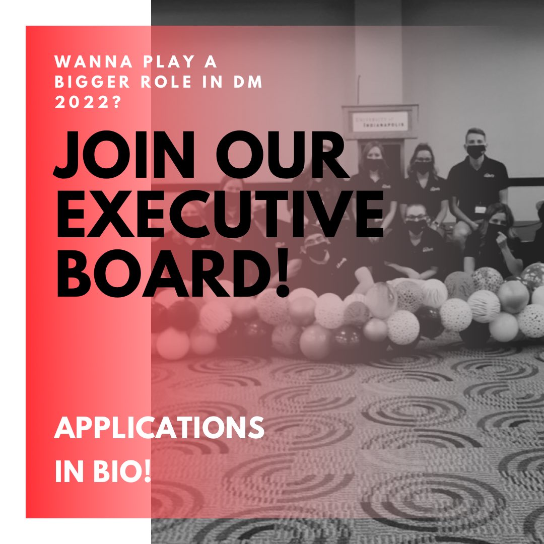 UIndyDM's tweet image. Interested in becoming part of our exec board for 2021-2022? Apply using the link in our bio! Applications are due March 22nd!