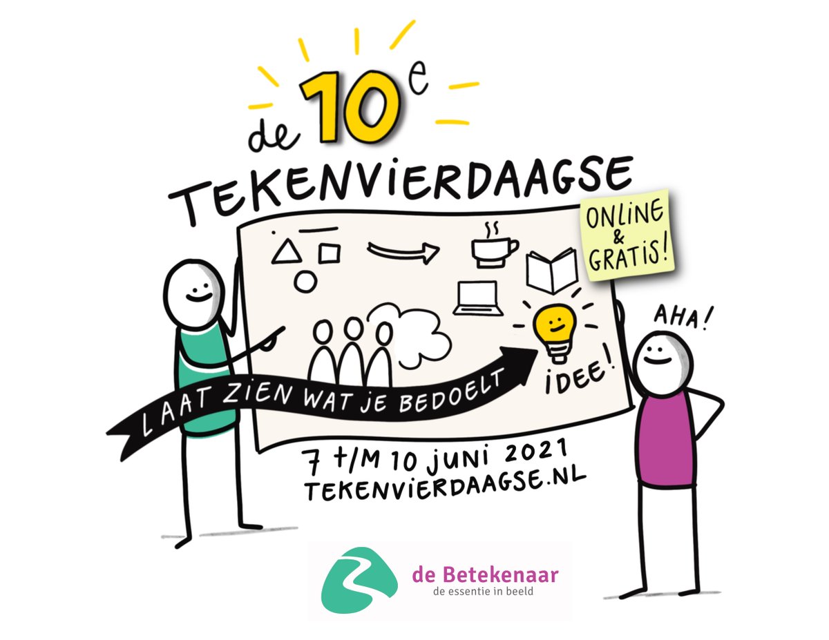 De 10e Tekenvierdaagse komt eraan! 7 t/m 10 juni 2021.
Leer in vier dagen hoe je tekenen kunt gebruiken als communicatietool. Het thema van deze editie is: laat zien wat je bedoelt.
Doe je mee? Meld je aan op tekenvierdaagse.nl