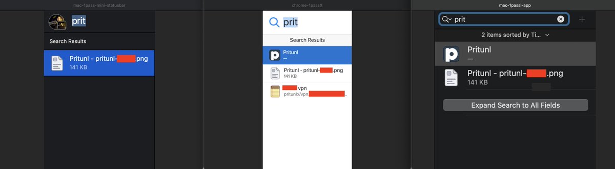 jayhostan's tweet photo. @1Password is this normal that 3 different instances (1pass mac, 1pass mini mac, 1passX chrome) returns 3 different search results? Mainly, why is the statusbar mini app not showing the result named "Pritunl" if I type 'prit' to the search? https://t.co/BW90Nqx7zr