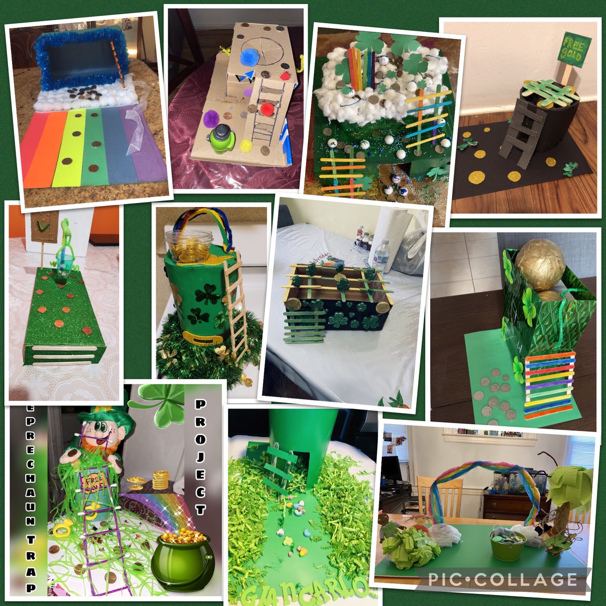 Mrs. Lopez's third-grade Leprechaun traps.  
Hopefully, a student will catch one and find the pot of gold!