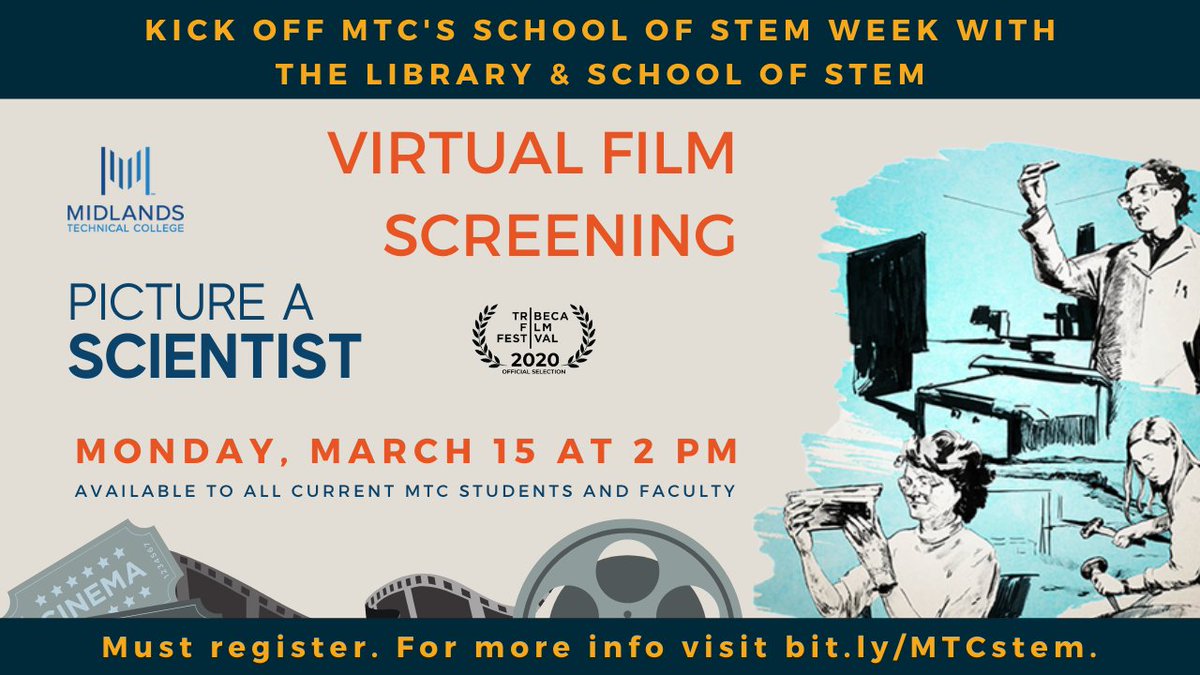 MidlandsTech's tweet photo. Happy School of STEM Week! We're kicking off the week with a virtual screening of "Picture A Scientist" at 2PM this afternoon. There will also be a welcome webinar with breakout sessions at 5:30PM. #SeeMEInSTEM #STEMTC
To register for these events, go to https://t.co/bqnx919MUn https://t.co/fG9Mr9qlDG