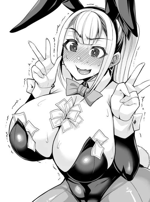 お題箱絵((https://t.co/FKFGbnIbSo) 『谷間に大量のお札を挟まれて困り顔の
爆乳金髪ポニテのバニーガール』 
