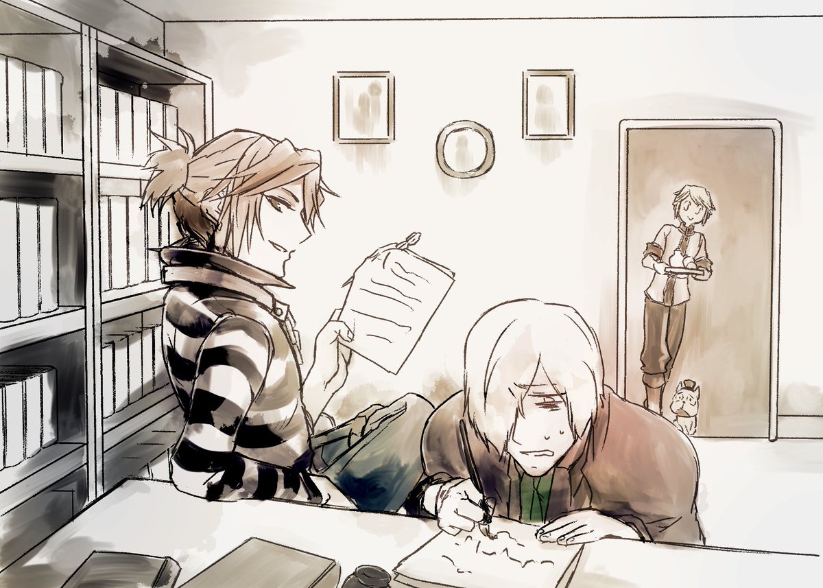 #3月5日はアンドルー・クレス実装1周年
#3月26日はルカ・バルサー実装1周年
#3月15日は墓守・囚人実装真ん中記念日
墓と囚を同時に推してる創作屋が見がちな集団幻覚描きました。