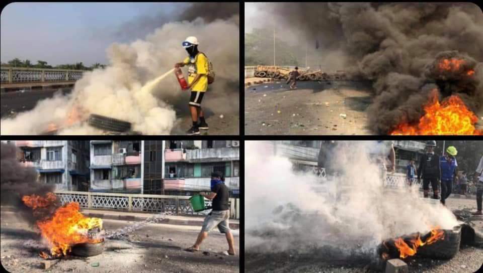 YuYuHtun14's tweet photo. Tw // fire
Thamine, Bayintnaung defense line today.
Protesters are putting out fire after the junta terrorists set fire to the barricades.
BLOODTHIRSTY JUNTA
#WhatsHappeningInMyanmar
#Mar15Coup https://t.co/NEQRo1hjPF