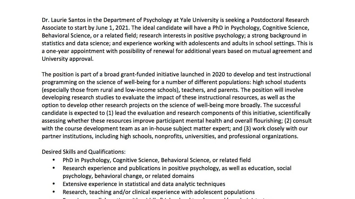 lauriesantos's tweet photo. Come work with me at @Yale! We're looking for a post-doc interested in the science of well-being. More info below. Please spread the word and RT! https://t.co/p3nBboWSnG