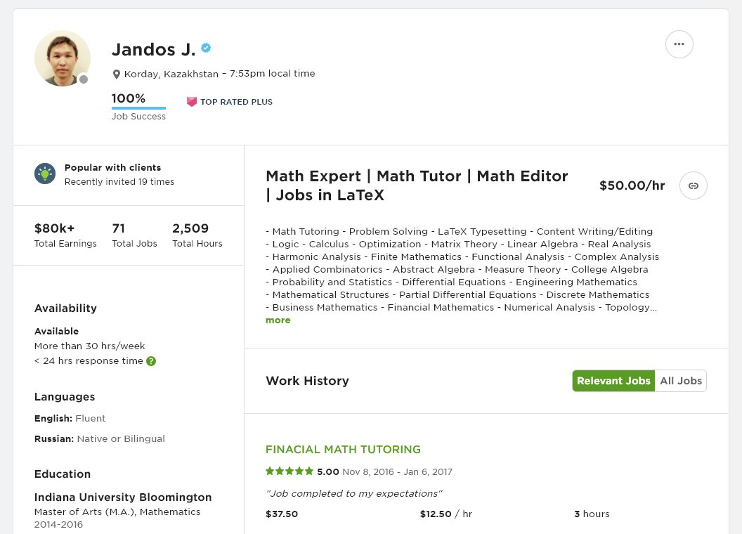 Казак залуу Жандос UpWork дээр математик заагаад 200 сая төг олжээ. Ажлын жагсаалтыг харахаар аймаар тасарцан математикч биш зүгээр л зүтгэлтэй, хариуцлагатай гэхдээ математикт сайн залуу болтой.