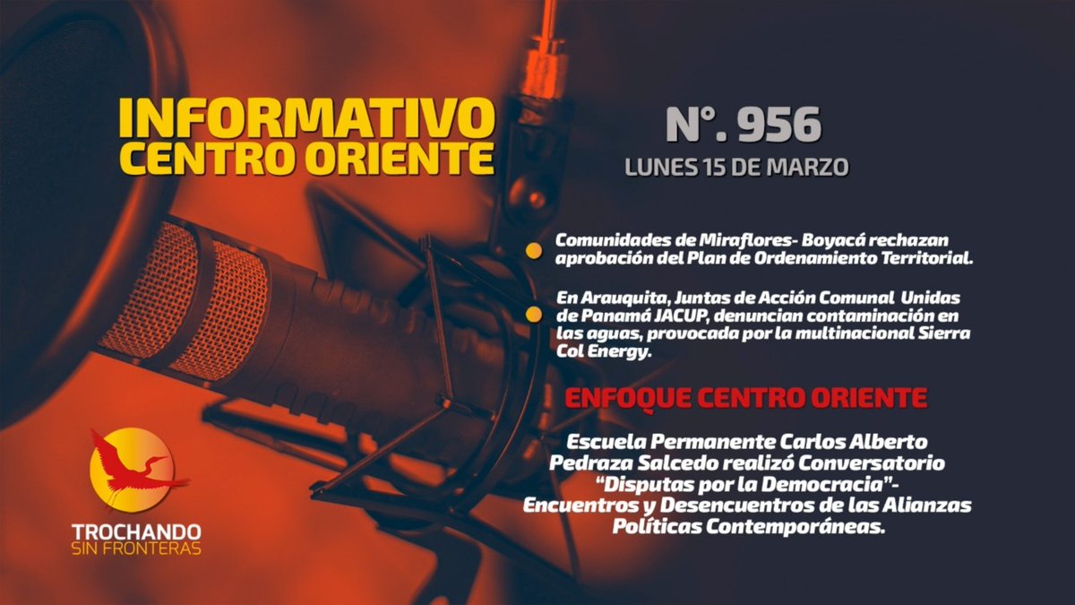 trochandosf's tweet photo. #InformativoCentroOriente #15Marzo de 2021:
📣 Comunidades de #Miraflores- #Boyacá rechazan aprobación del Plan de Ordenamiento Territorial.
📣 En #Arauquita, Juntas de Acción Comunal Unidas #JACUP, denuncian contaminación en aguas, provocada por multinacional @SierraColEnergy https://t.co/7gcXcJwB3i