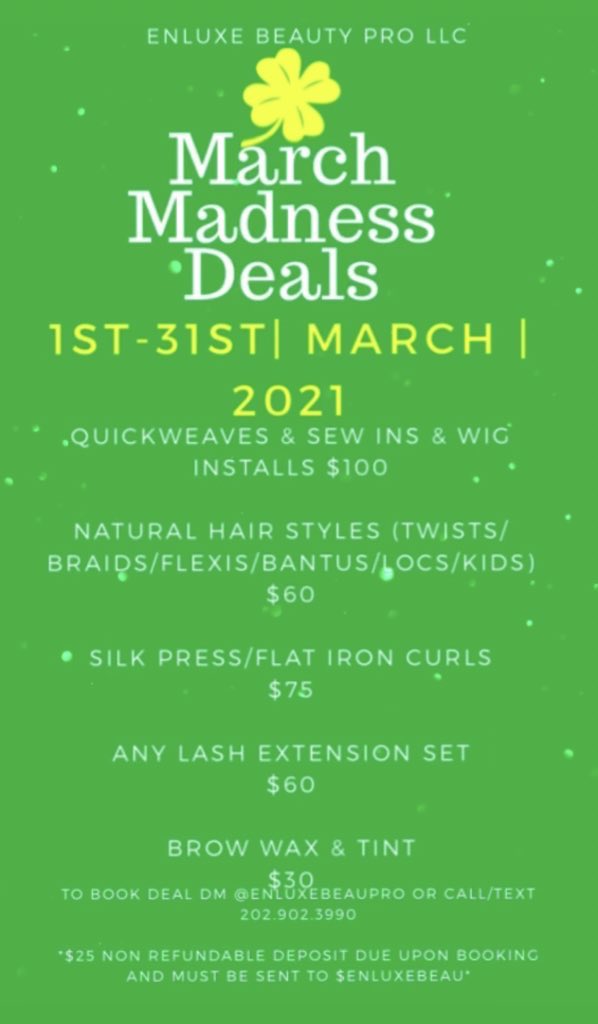 Booking Appointments Today Ladies! 

#MarchMadness2021 #BlackOwnedBusiness #enluxmeplease #naturalhairstylist #certifiedlashtech