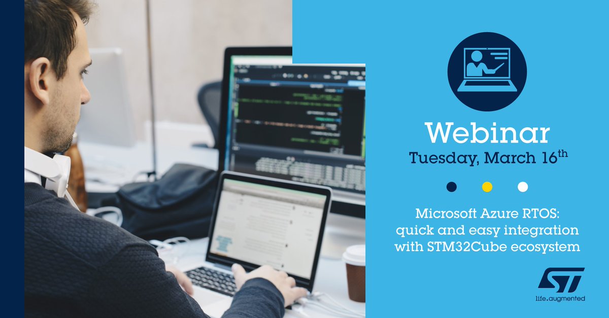 ST_World's tweet image. Don&apos;t miss our 1-hour webinar tomorrow, broadcasting at 3pm CET and 2pm EST, to learn how to integrate Microsoft #AzureRTOS with #STM32Cube for an enhanced development ecosystem. Register free here: bddy.me/3ljorrw