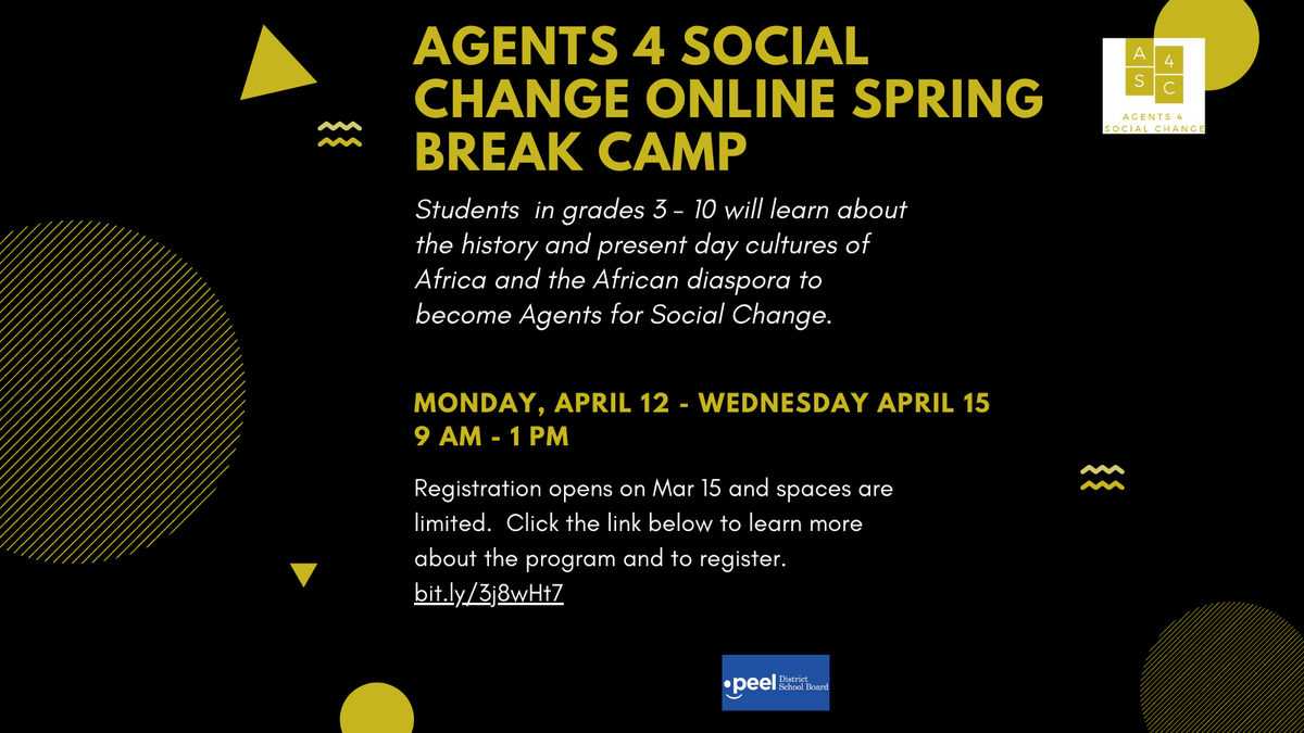 Register now: An online spring break program for students in grades 3 to 10 where they will learn about the history and present-day cultures of Africa and the African diaspora to become Agents 4 Social Change.

For more information &amp; registration, visit bit.ly/3j8wHt7.