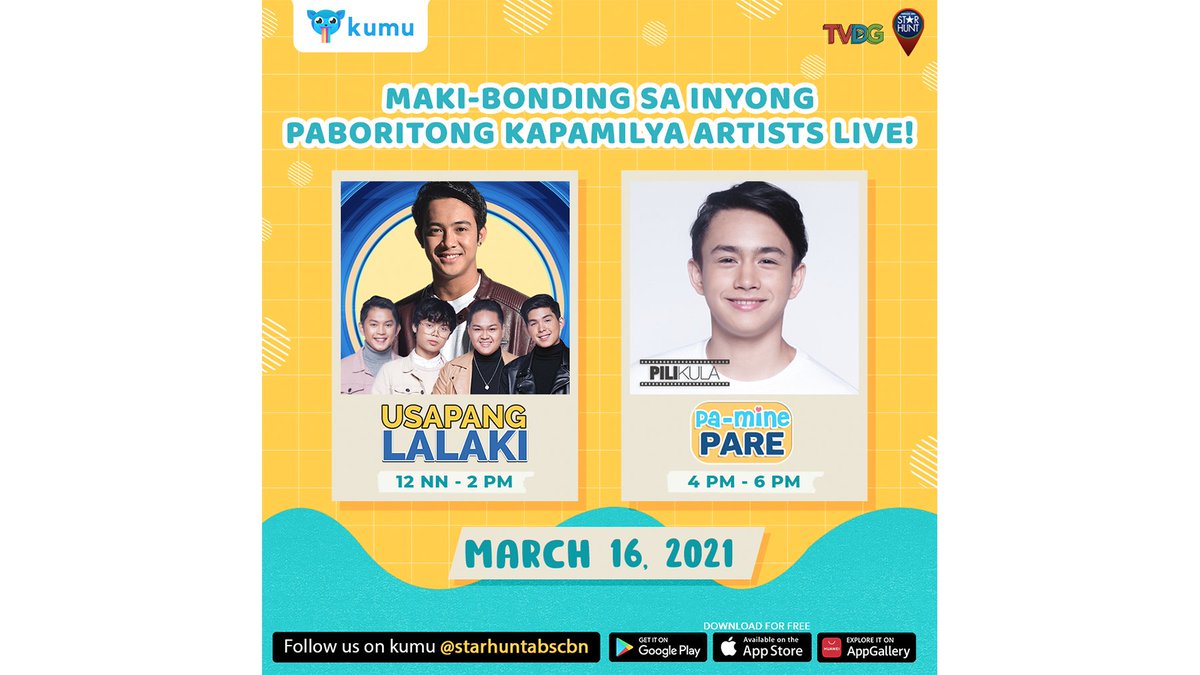 Join na sa masayang Tuesday bonding kasama ang inyong paboritong Kapamilya Stars! 
✨ 12nn: Usapang Lalaki with Argel, Batit, Jem, Gabby &amp; Gian
✨ 4pm: PILIkula Pa-Mine Pare Choose Your Cast Winner Tan 
Magkita-kita tayo bukas sa app.kumu.ph/starhunt!
