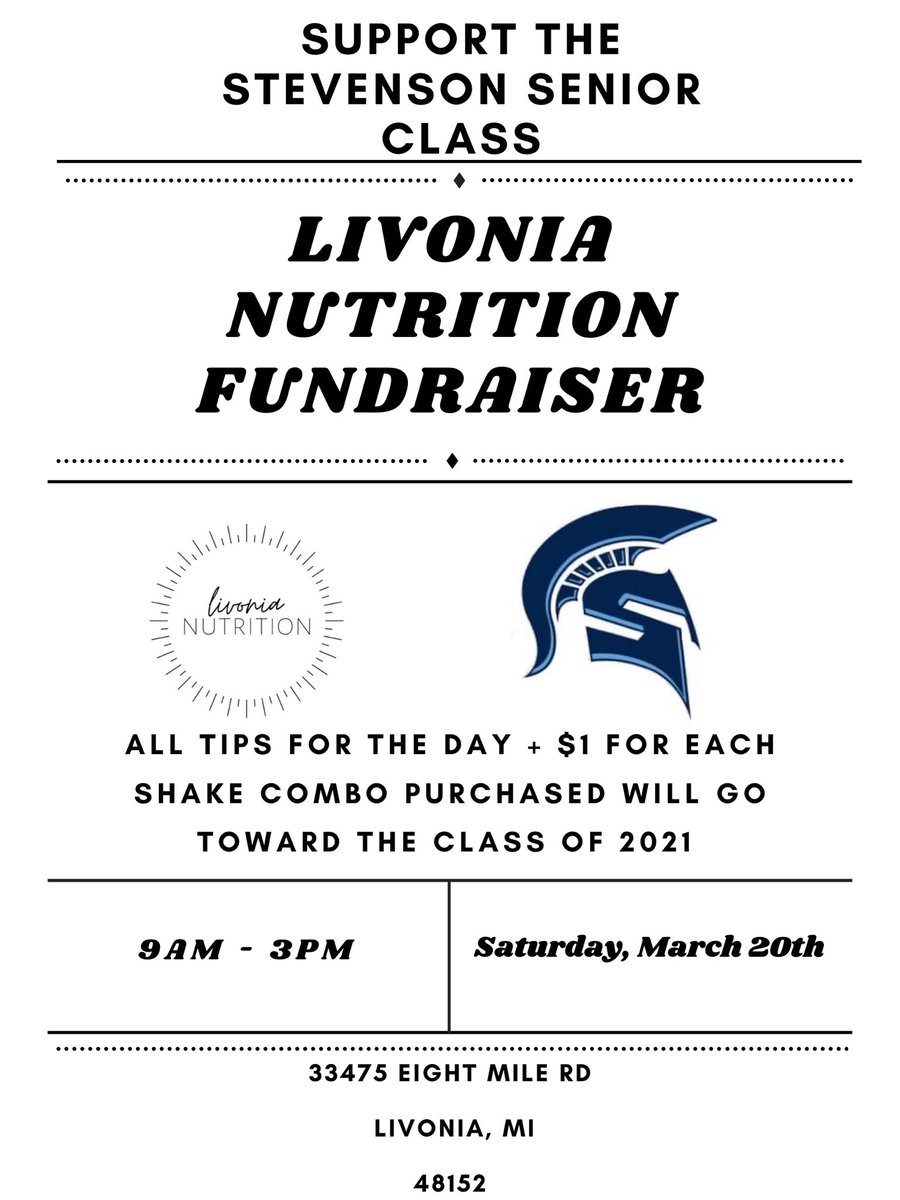 stevenson2021_'s tweet image. 🚨Come out and support the Senior class THIS Saturday, March 20th. Stop by Livonia Nutrition any time from 9am-3pm. All money raised will go towards prom!
