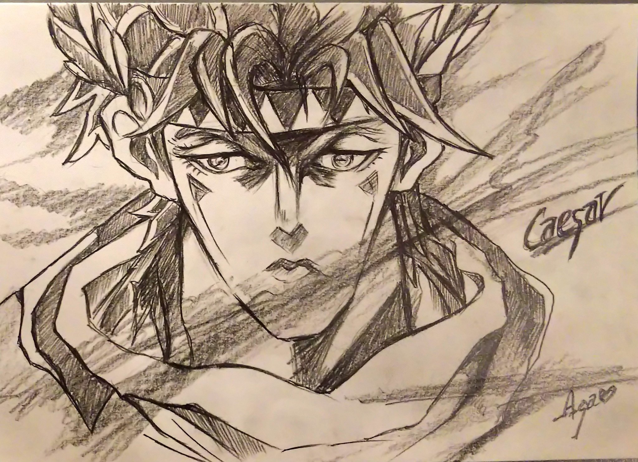 Asa Sante シーザー A ツェペリ 描いてみたよ シャーペン4b鉛筆3b濃い アニメ２部 のワンシーンから シーザー好き シーザー A ツェペリ 鉛筆画 アナログ絵 ジョジョの奇妙な冒険 マイペースでイラスト練習中 お絵かき T Co