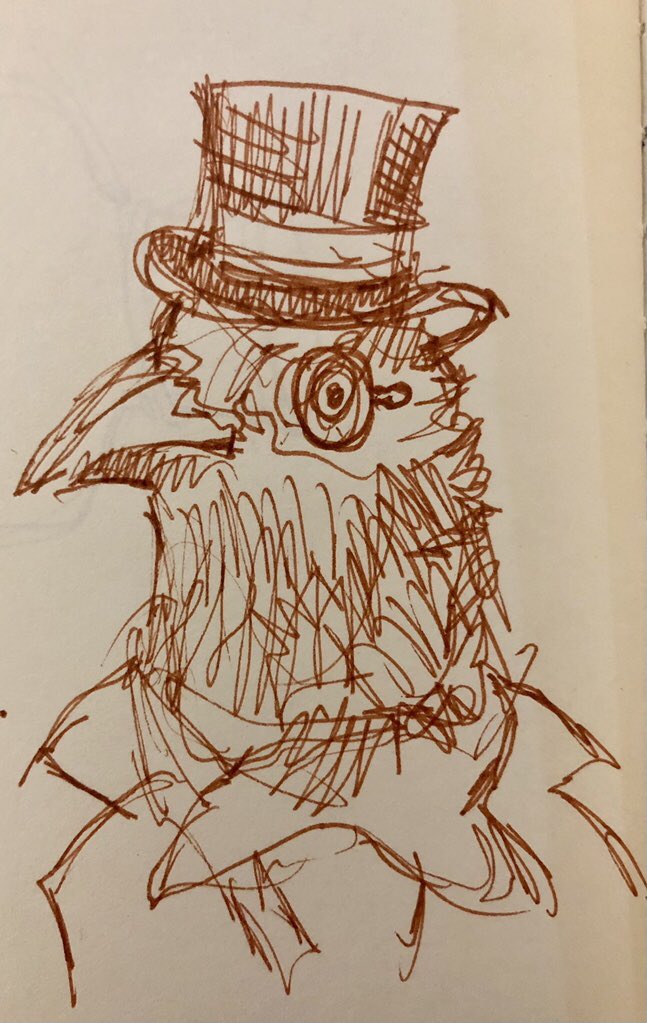 ProfScottRaynor's tweet photo. I drew a bird with a monocle. His name is R. Claw Wingbird. You’re welcome. #drawing #twitterart #bird #twitterartist #sketch #sketchbook #drawingoftheday #artistsoftwitter https://t.co/MoS6WjxBBq