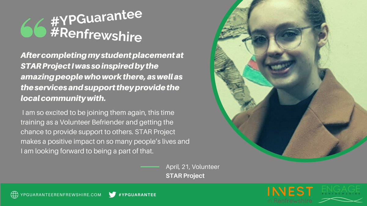 EngageNews1's tweet photo. A great insight to volunteering benefits from April, a @STARprojPaisley volunteer. More than just training &amp; work experience volunteering can enhance life skills, connect you to a community, and support your emotional wellbeing. #YPGuarantee https://t.co/p86S6AWYeZ