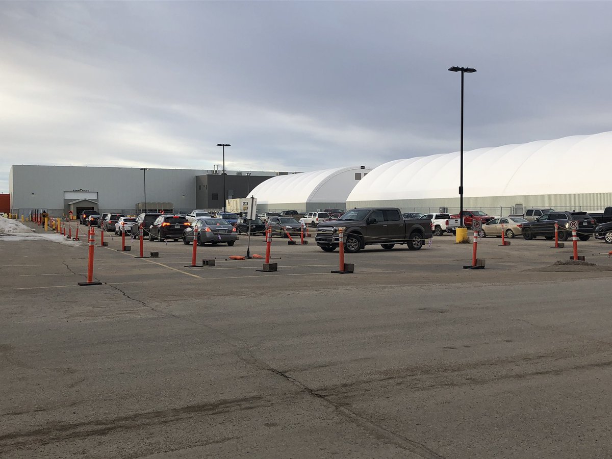 The doors have opened. <a href="/SaskHealth/">Saskatchewan Health Authority</a> vaccination clinic has started and cars are starting to move