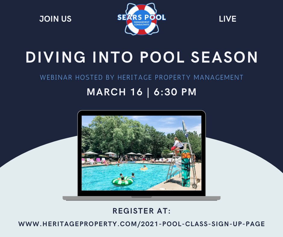 searspoolmgmt's tweet image. In partnership with @heritage_prop, Craig Sears will be presenting another webinar to help you and your community prepare for the upcoming pool season!

Tuesday, March 16, beginning at 6:30 PM (EST). 

Register at heritageproperty.com/2021-pool-clas…

#poolopening #webinar #communitypools