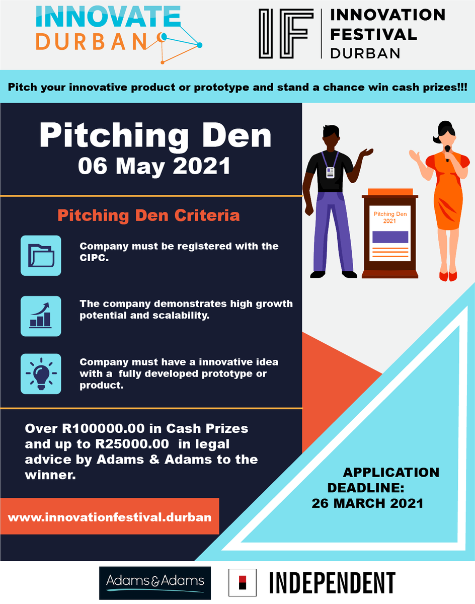 InnovateDurban's tweet image. Do you have an innovative idea…Applications for our annual Innovation Pitching Den are now open!
Application Deadline: 26 March 2021
Click Here To Apply: innovationfestival.durban/pitchingden